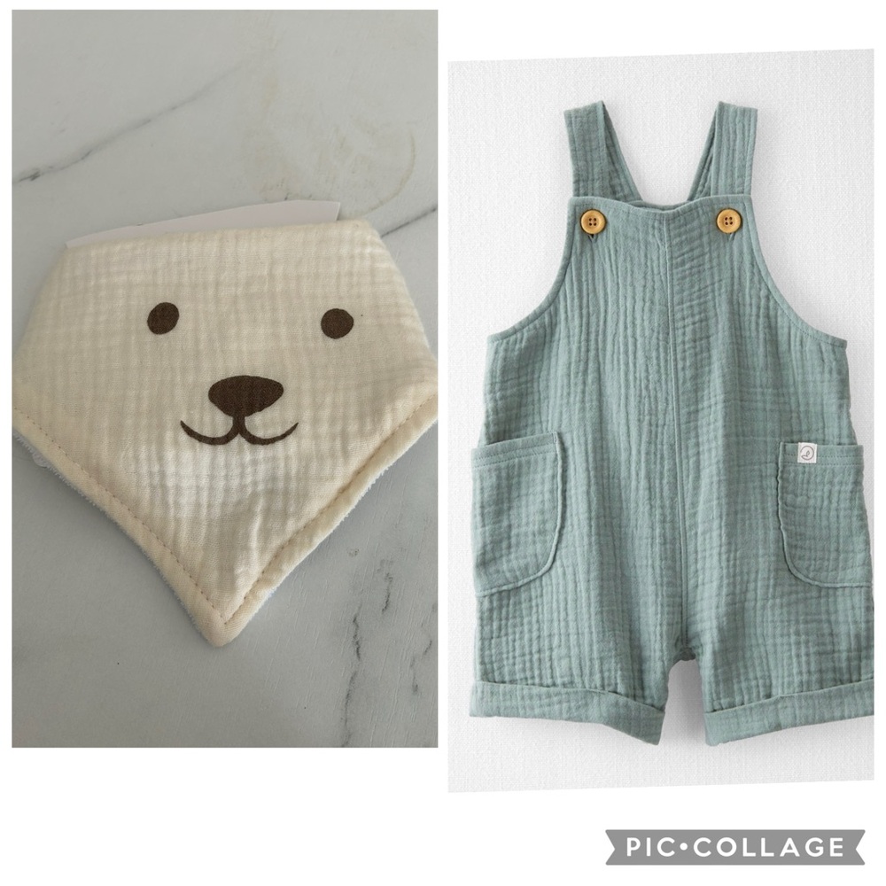 Baby boy Bundle! Baby Organic Cotton Gauze Shortalls  Carter’ + Bear 🐻 Bib